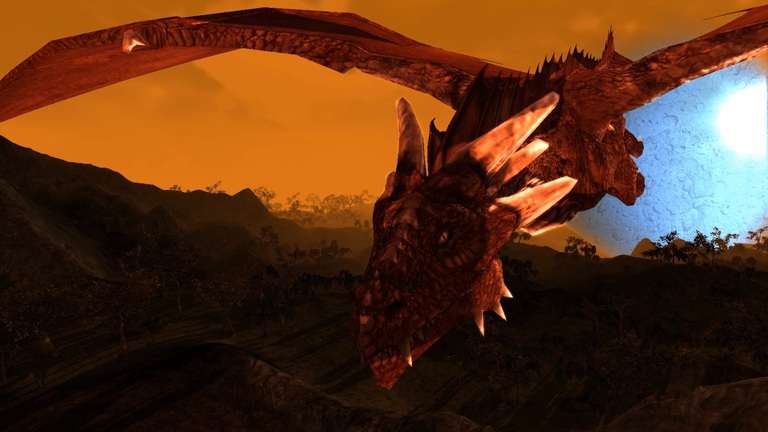 A red dragon flying over the hills of Agon